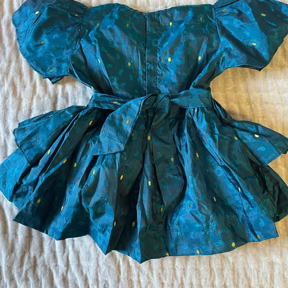 Girls Sweet Teal Gold Embroidered Silky Paisley Ruffled Tea Party Dress Frock
